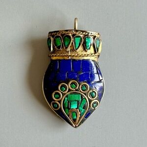 Handmade Teardrop Horn Pendant, Lapis/Malachite/Brass